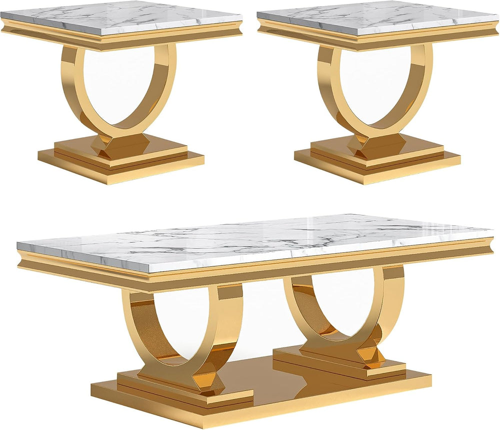 Marble Coffee Table Set of 3, Includes 1 Coffee Table with 2 Square End Side ...