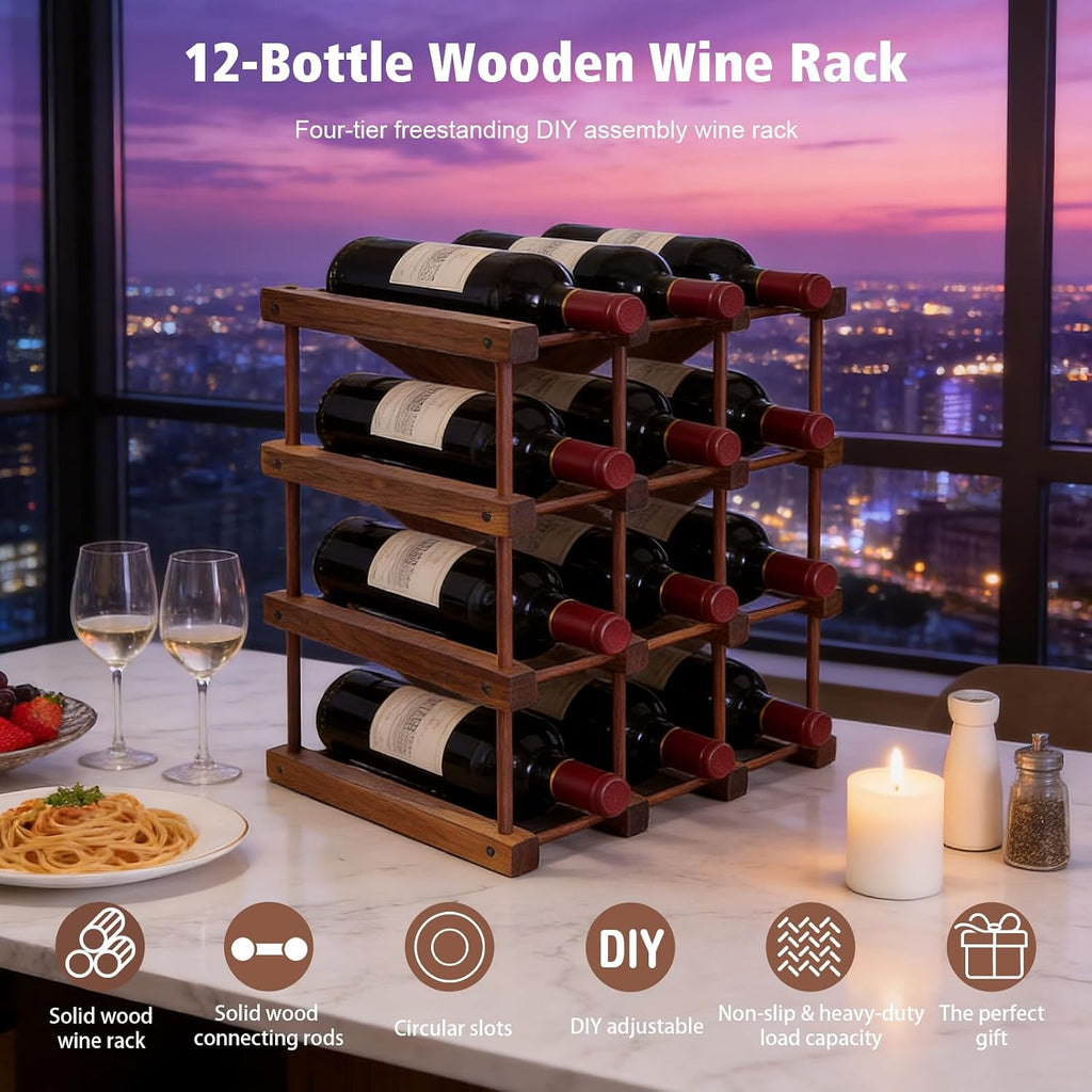 12 Bottle 4 Tiers Wooden Wine Rack for DIY Assembly, Great Gift | Stackable Modular Wine Rack, Wine Bottle Holder for Inside Cabinet Counter and Bar Organizer
