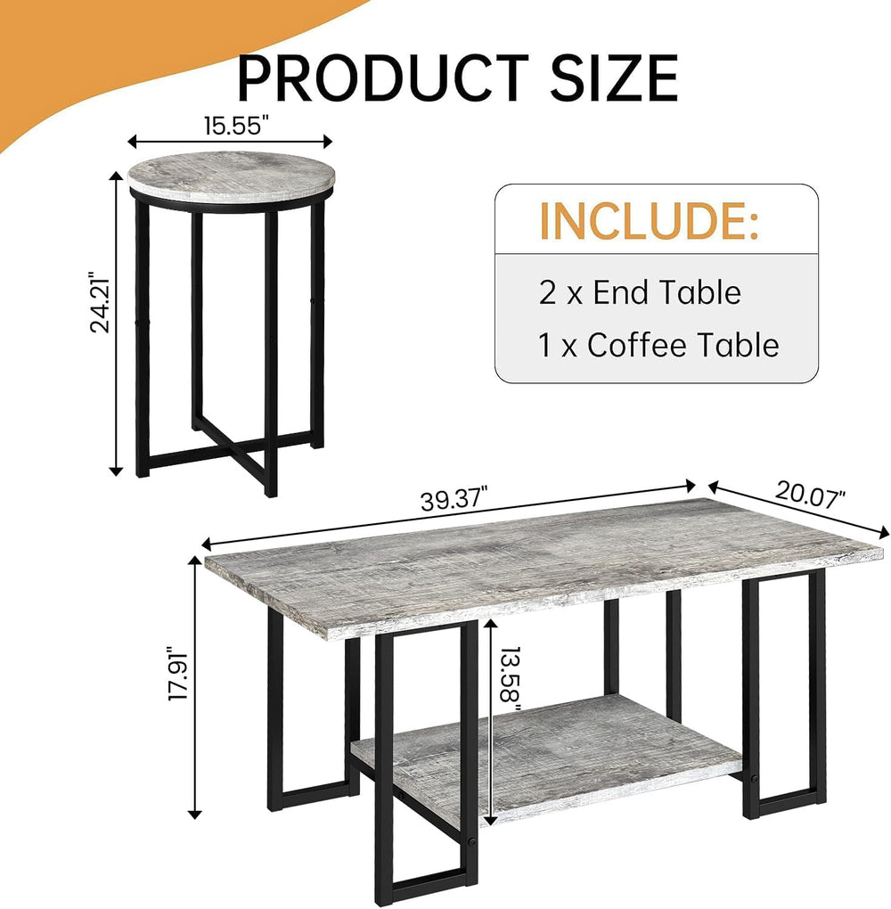 AWQM Coffee Table Set of 3, Modern Wood Living Room Table Set, Gray | Gray wo...