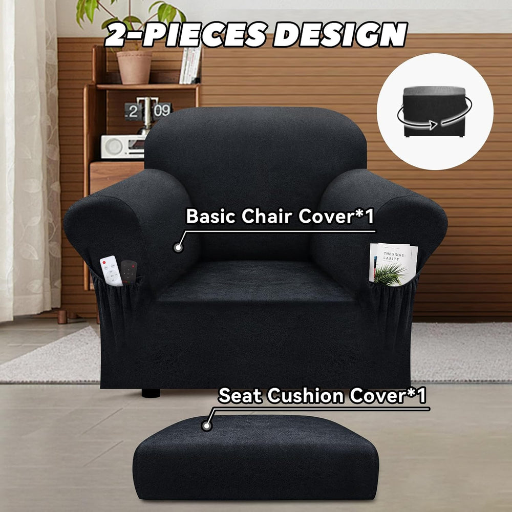 Chair Slipcover with Armrest Pockets 2-Piece Set, Stretch Faux Leather Chair ...