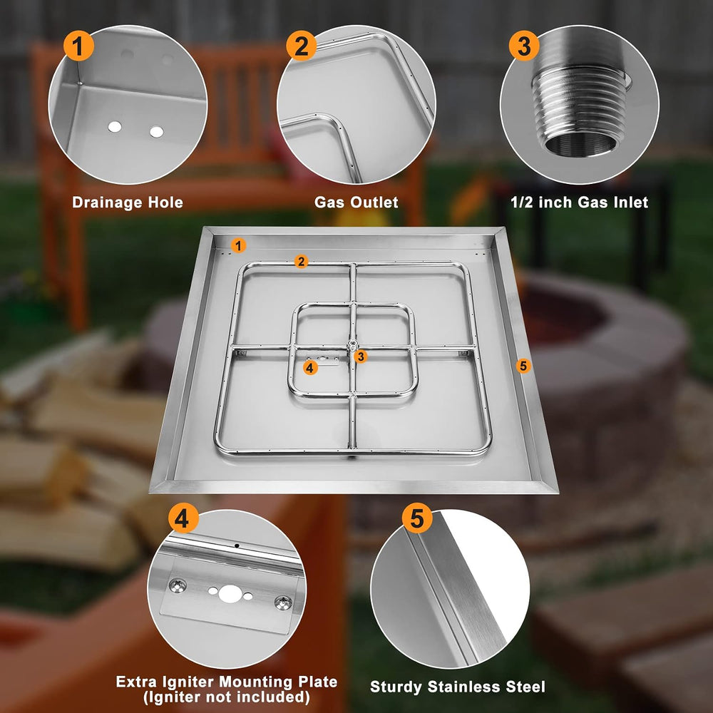 onlyfire 30" Square Fire Pit Flat Pan with Burner Ring, 296,000 BTU