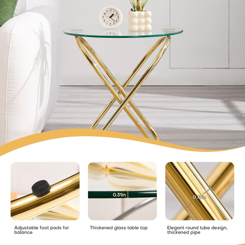 BECHAEO 19.7" Round Glass Gold Side Table with Gold-Plated Metal Ring-Sh...