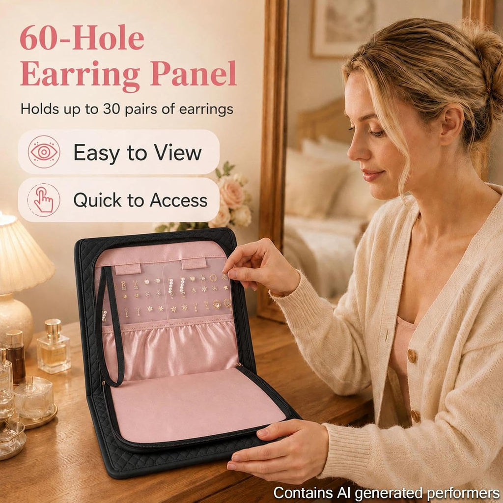 Double Sided Hanging Jewelry Organizer for Closet Door, Black,Travel Closet | hanging jewelry organizer keeps earrings, rings, necklaces, and bracelets visible in a closet or travel bag