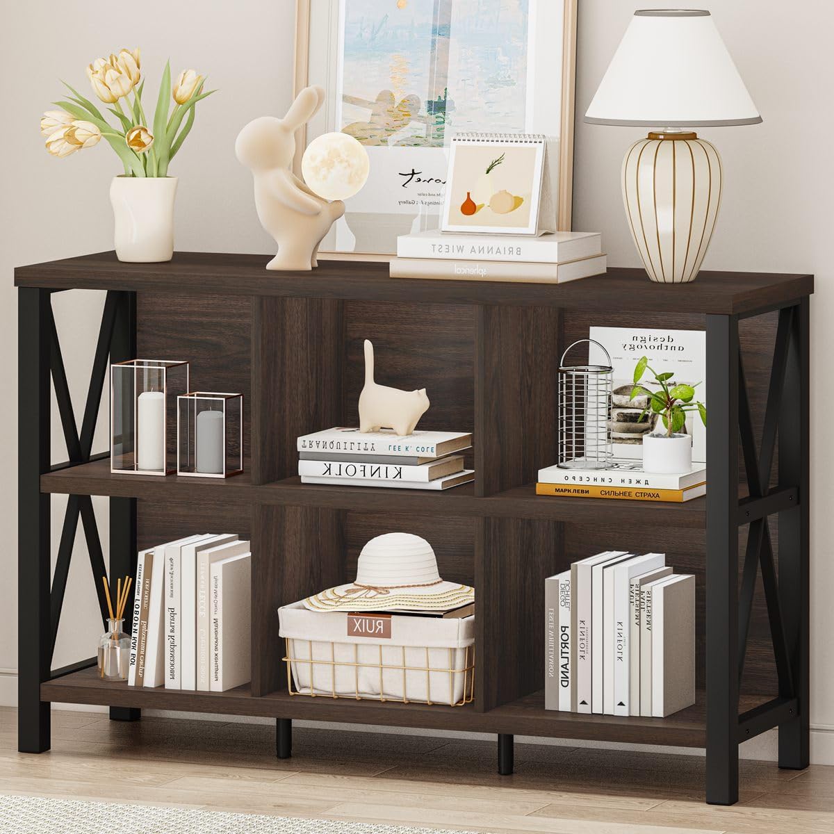 6 Cube Storage Organizer with Shelf, Short Horizontal Bookshelf for Living Room, Wood and Metal Cubby Bookcase, 47 Inch Industrial Low Book Shelf and Book Case (Dark Walnut)
