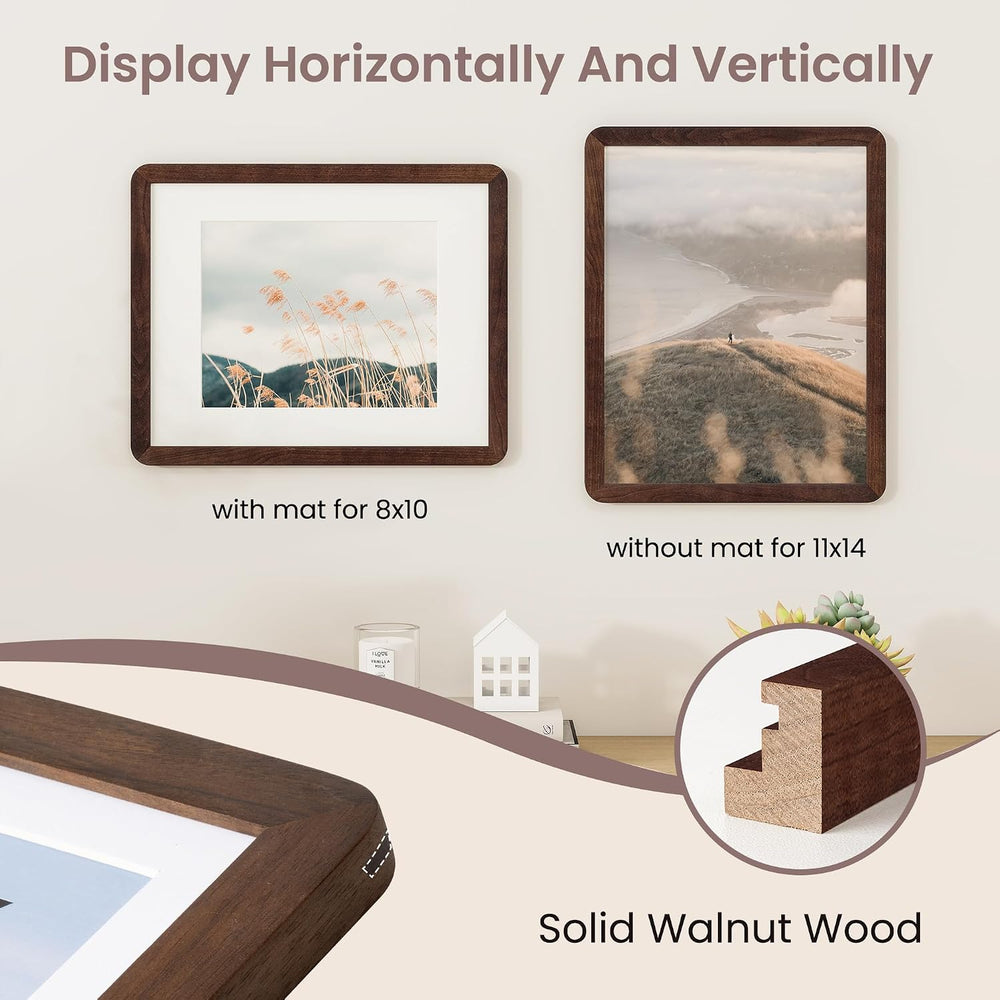 FLYJOE 11x14 Picture Frame - Solid Walnut Wood Frame With Mat For 8x10, 11x14...