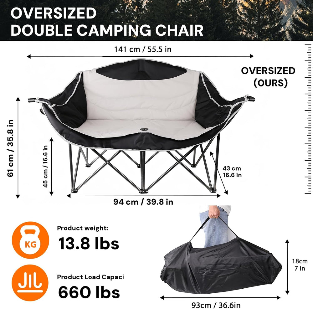 Double Camping Chair 2 Person Oversized Heavy Duty Padded Outdoor Folding Lov...