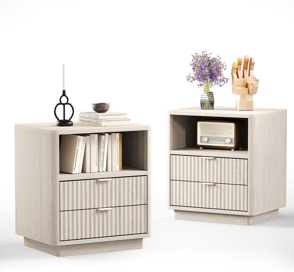 ROCSUMOO Fluted Nightstands Set of 2, Large Nightstand with Drawers and Stora...