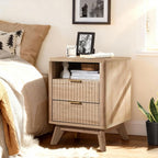 Fluted Nightstand - 24" Modern Bedside Table w/ 2 Drawers, Wood Bed Side End Table with Open Shelf, Night Stand with Storage Drawer, Curved Design Night Stands for Bedroom Living Room (Nature)