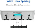 WEBI Wall Shelf with Hooks Underneath,24” Long Wall Mounted Coat Rack with Shelf,Entryway Coat Rack with 4 Triple Hooks for Hanging Coats,Jacket,Hallway,Bedroom,Mudroom,White