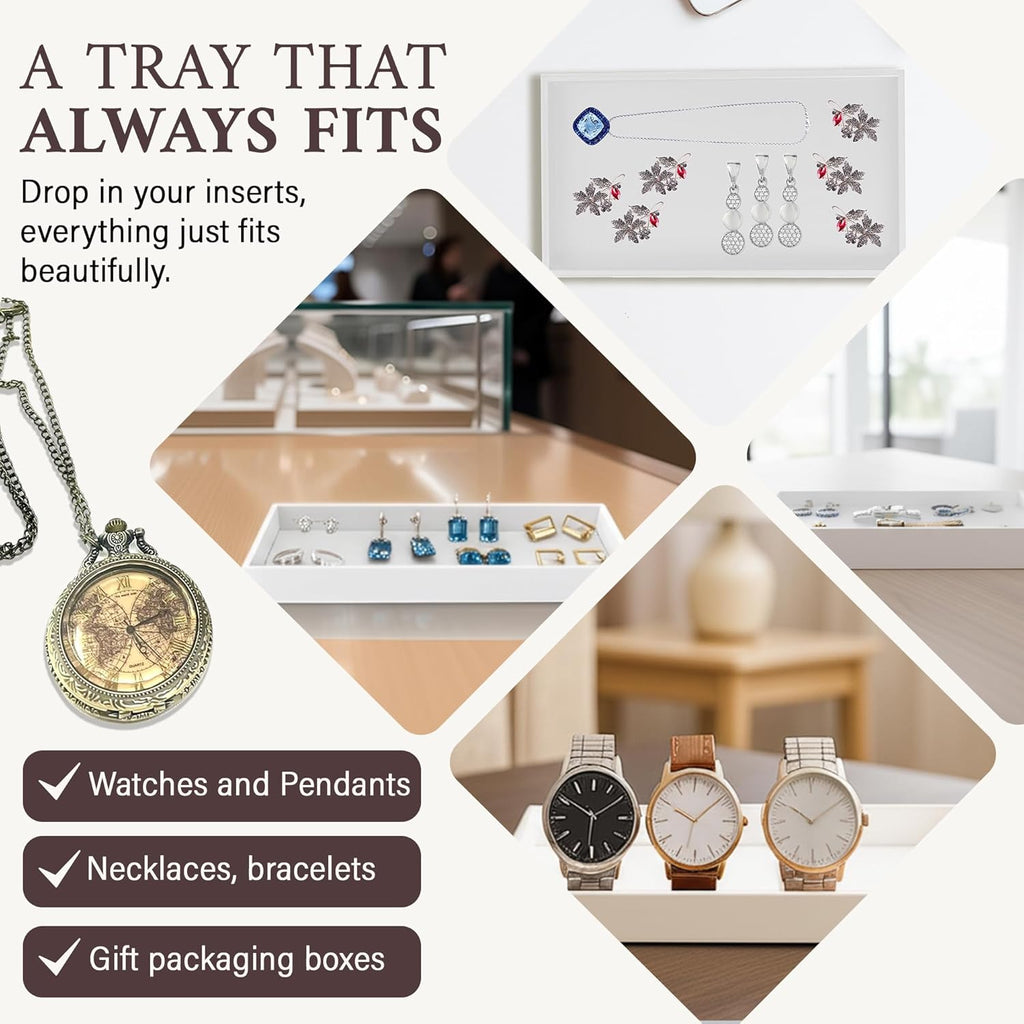 RJ Displays 6 Pack Stackable Jewelry Tray Set, Stackable Plastic Jewelry Organizer Tray, Jewelry Drawer Organizers, Drawers Inserts, Earring Organizer for Women Perfect Trays (White) 14.75x 8.25x1