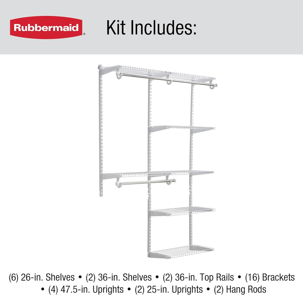 Rubbermaid Configurations Deluxe Custom Closet Kit 4-8Ft. Adjustable Metal Wire Shelving White Finish Expandable Organization System Hardware Included for Home Closet/Pantry/Laundry/Mudroom