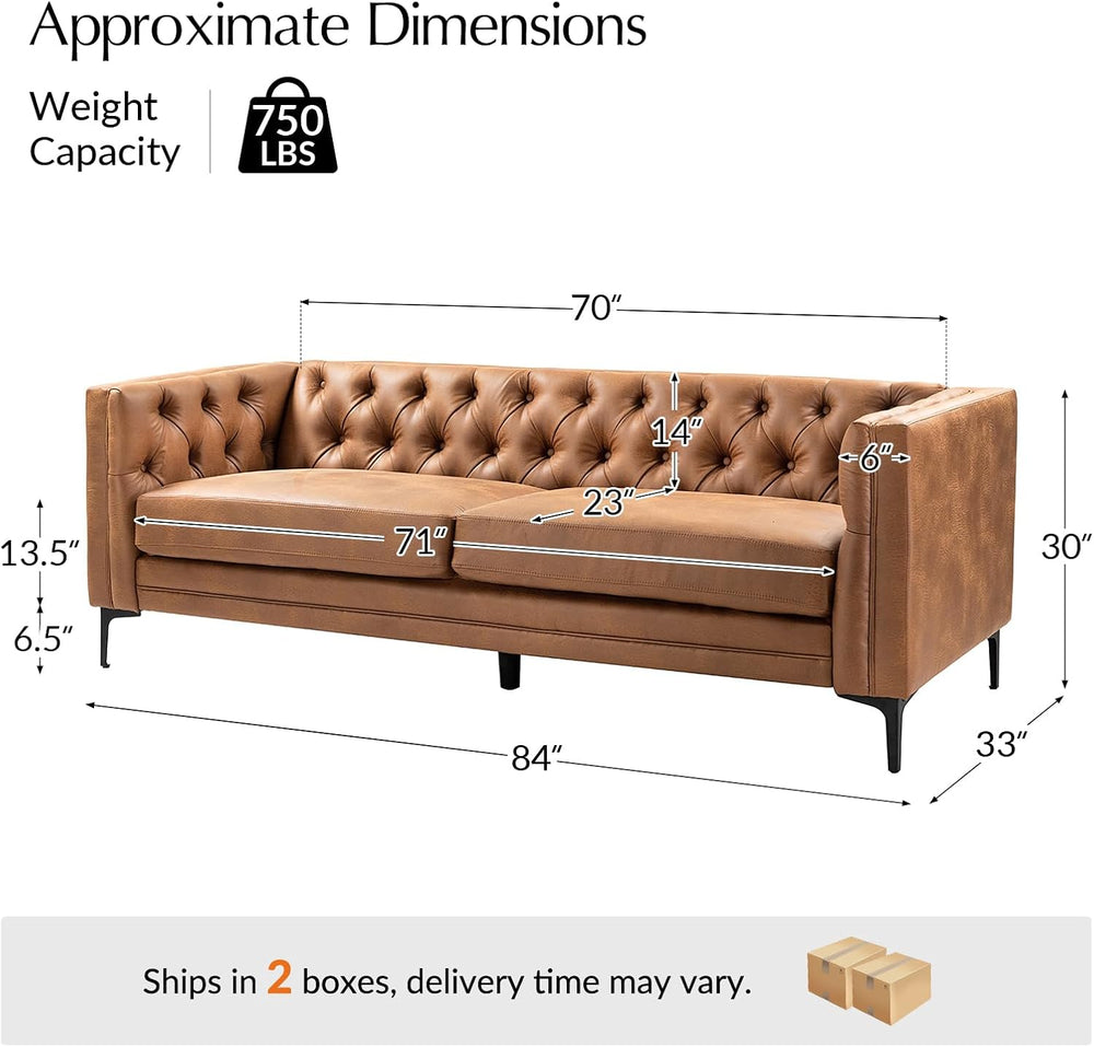 HULALA HOME 84" Faux Leather Sofa, Mid Century Modern 3 Seater Couch, Ca...