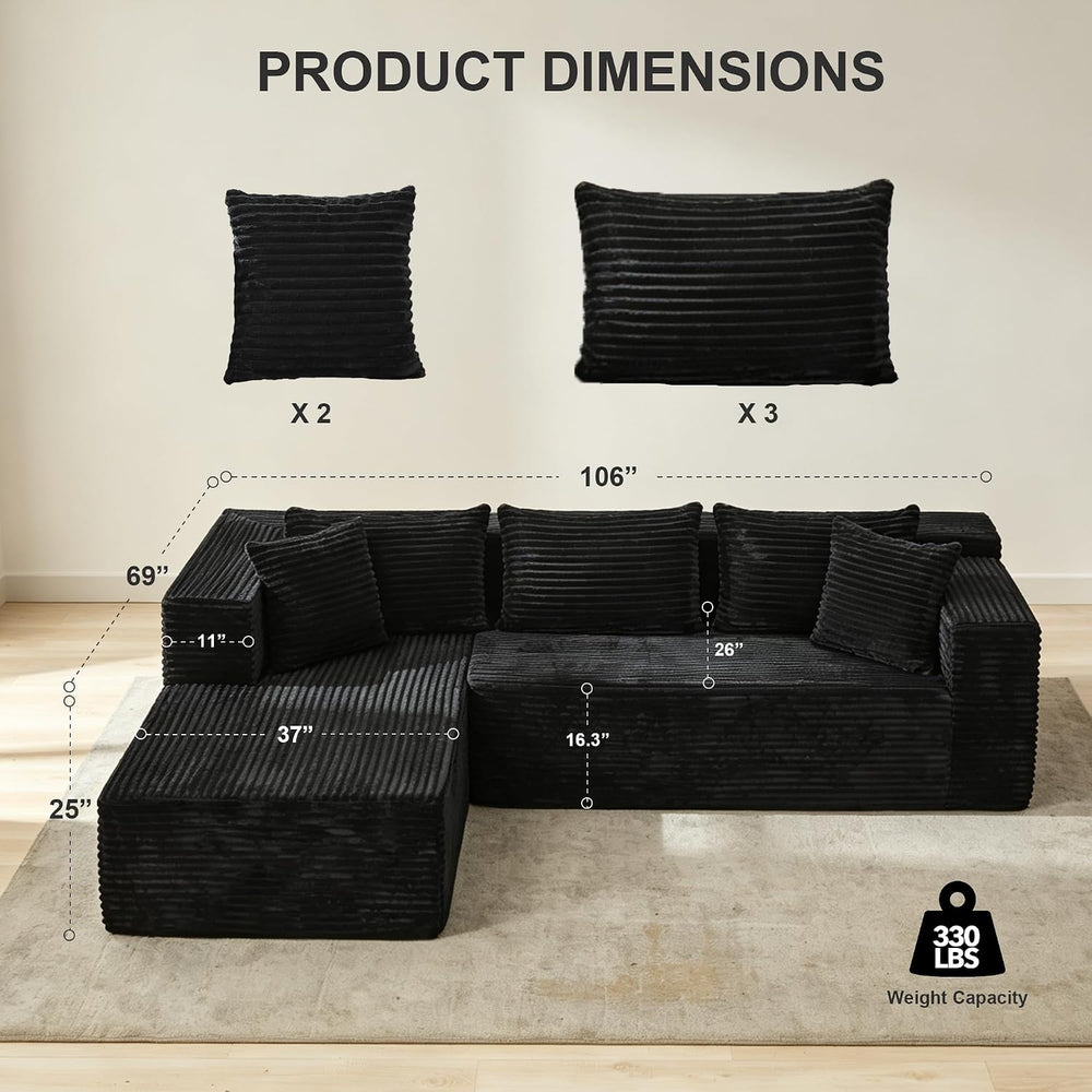 106" L Shaped Modular Cloud Sectional Sofa with Cushions, Black | 4-in-1...