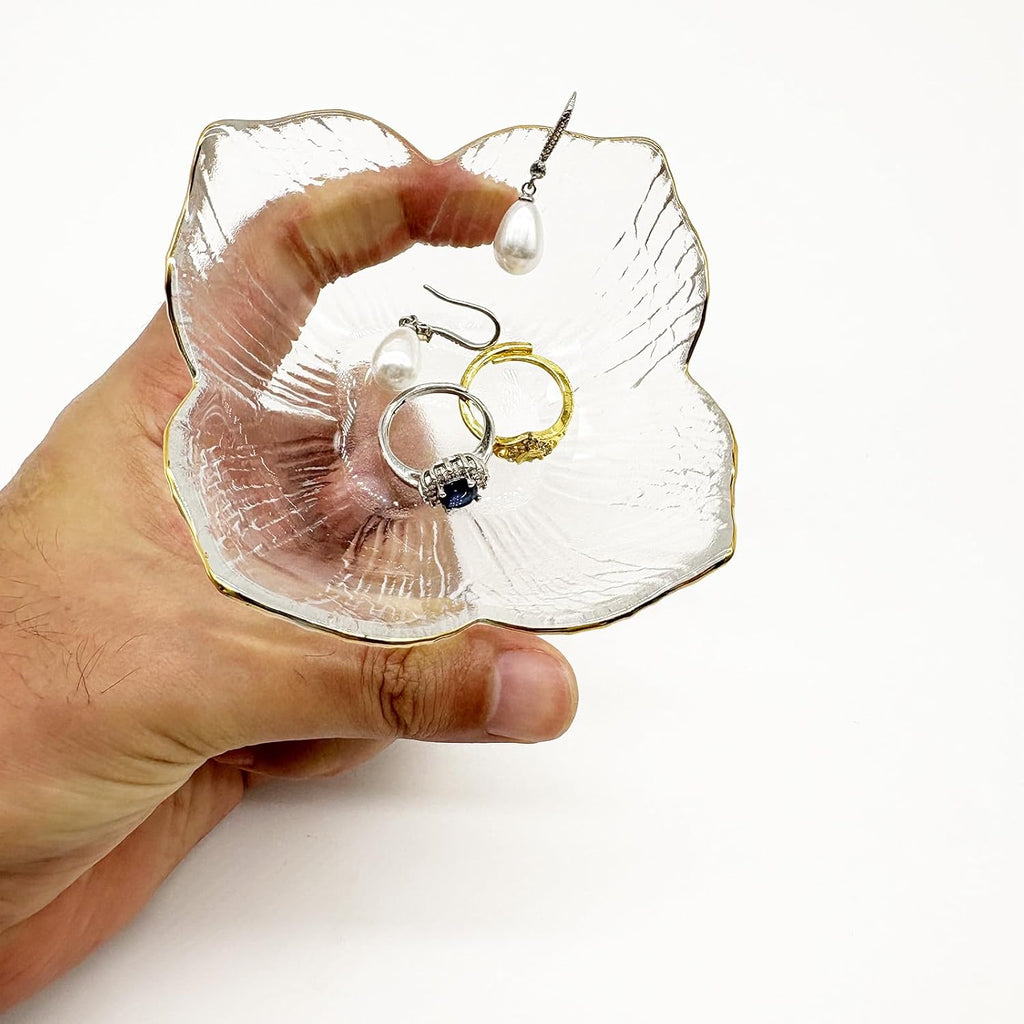 Flower Small Ring Dish, Glass Jewelry Tray for Women, Room Decor Jewelry Plate, Trinket Dish, Engagement Ring Holder, Bathroom Nightstand Ring Bowl for Earrings, Gifts, Key Dish