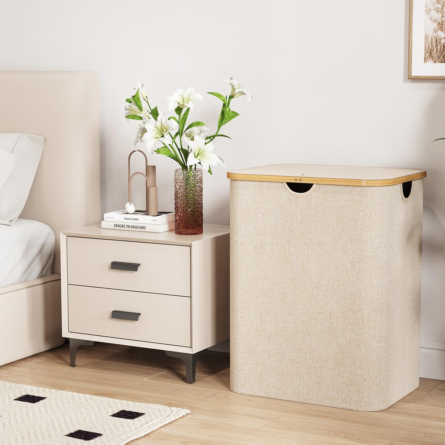 Lifewit 120L Large Laundry Hamper with Lid, Foldable 2 Section Laundry Basket with Bamboo Handles and Removable Bags for Laundry Room, Bathroom, Bedroom, Beige