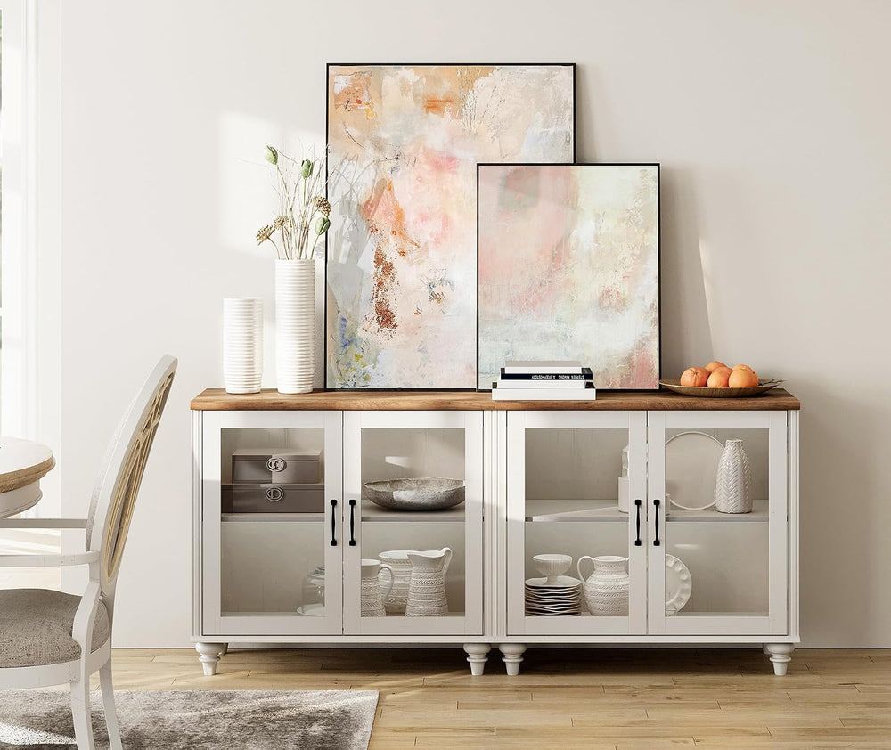 WAMPAT Farmhouse TV Stand for 75 inch TV with 4 Glass Doors, Wood TV Stand wi...