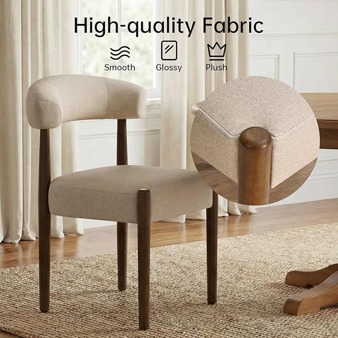 VKNOW Wooden Dining Chairs Set of 2, Modern Upholstered Dining Room Chairs with Walnut Wood Legs and Curved Backrest, Fabric Kitchen Chairs for Farmhouse/Living Room/Dining Room, Beige