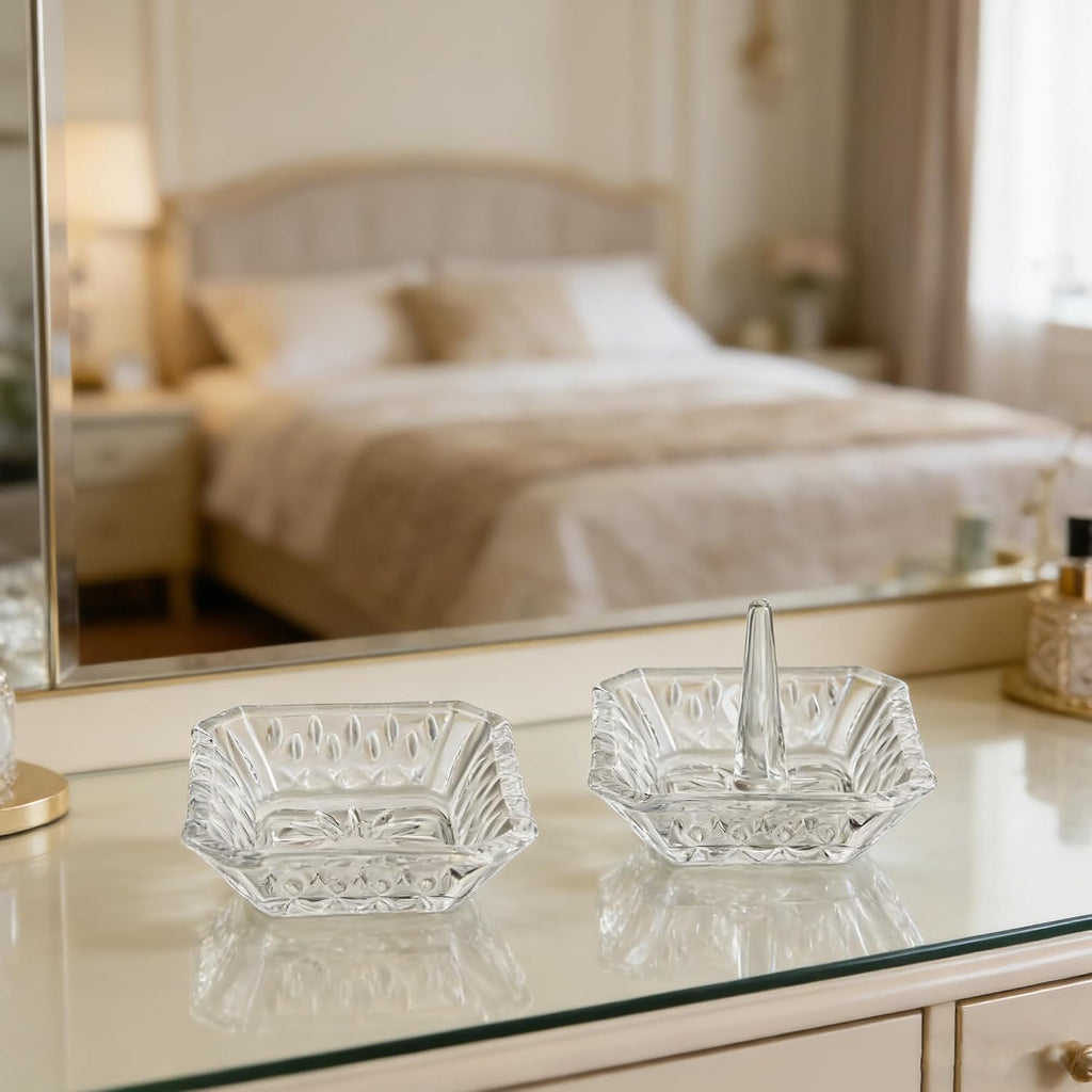 2pcs Clear Crystal Ring Holder Crystal Jewelry Dish Tray | Small Ring Dish, Gifts for Women, Engagement Wedding Ring Holder