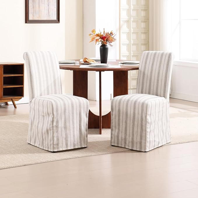 Parsons Dining Chairs Set of 2 Upholstered Linen Fabric Kitchen Chairs with Removable Skirt, High Back Side Chairs with Solid Wood Legs for Dining/Living Room, Banquet,Khaki