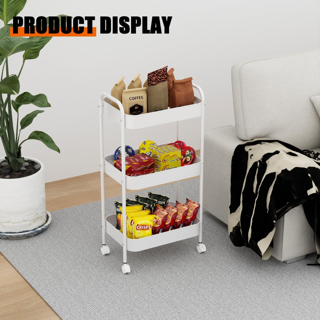 3-Tier Metal Utility Rolling Cart, Multi-Functional Storage Trolley for Office, Living Room, Kitchen, Movable Storage Organizer with Wheels, White