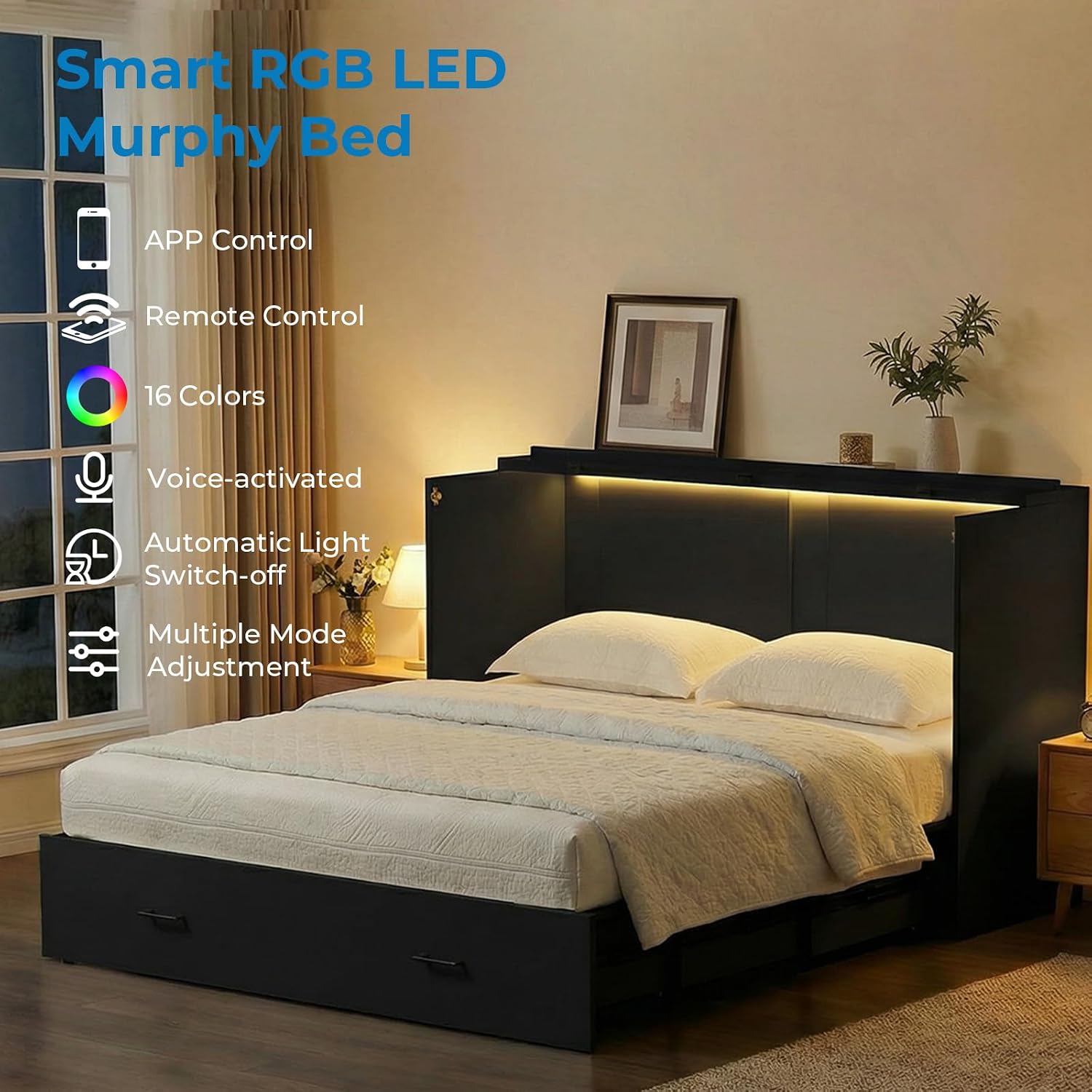 Mjkone 63.4" Width Queen Size Murphy Bed Cabinet with Tri-Folding Mattress Included, High Gloss MDF Storage Cabinet Guest Bed Chest Cabinets with 16 Colors of LED Lights for Home Offices, Black