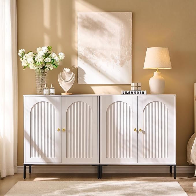 Modern TV Stands for 75 Inch TVs, 61.75‬"W Wood Entertainment Center w/Adjustable Shelves, Mid Century Modern TV Stand w/Arched Fluted Doors, Media Console Cabinet for Living Room, White
