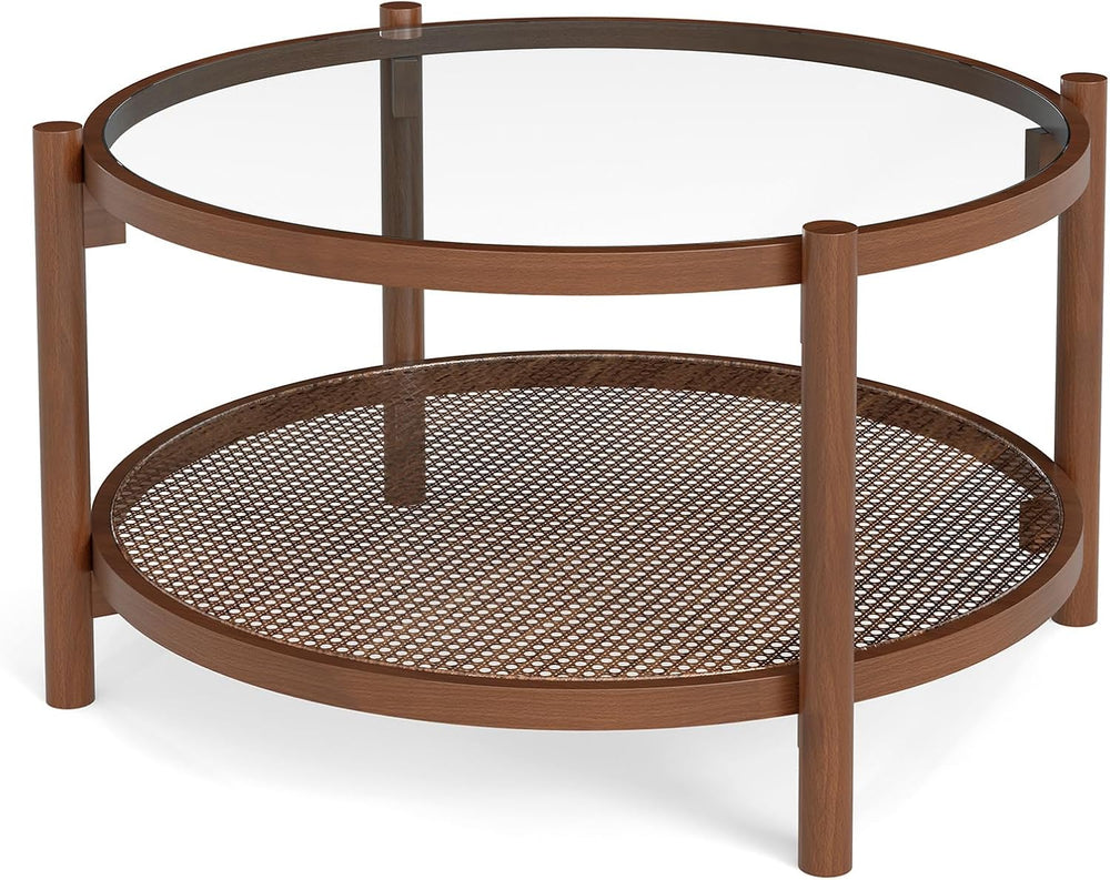 Rattan Coffee Table, 2-Tier Boho Glass Coffee Table with Solid Wood Frame &am...