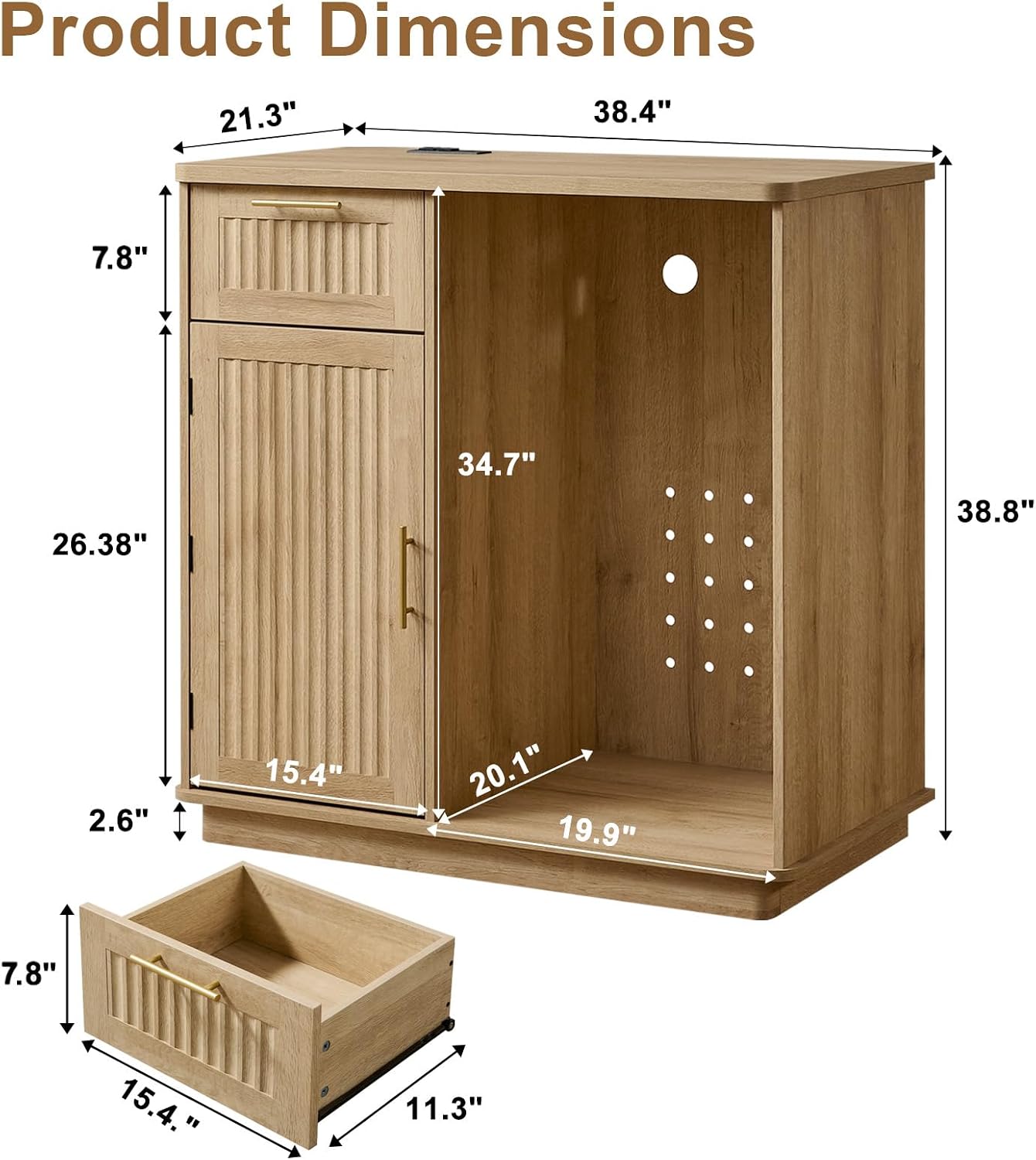 Okvnbjk Mini Fridge Cabinet with Storage & Power Outlet, Oak | Coffee Bar Cabinet with Fridge Space, Fluted Bar Cabinet for Living Room, Dining Room, Dorm
