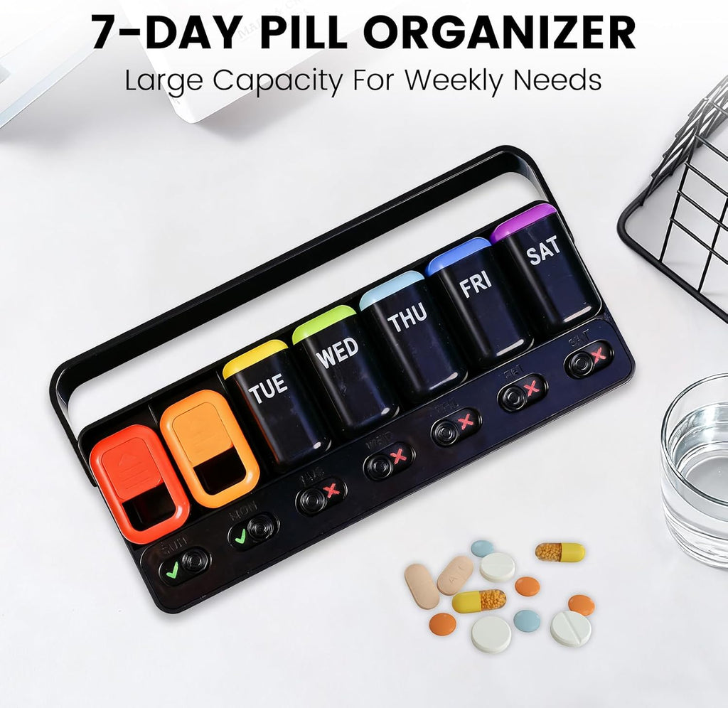 Pill Organizer Easy-Slide Lid, Removable 7 Day 1 Time a Day Pill Box, Large Travel Pill Case, Week Once Daily Medication Dispenser, Pill Container Holder for Supplement, Vitamin, Black