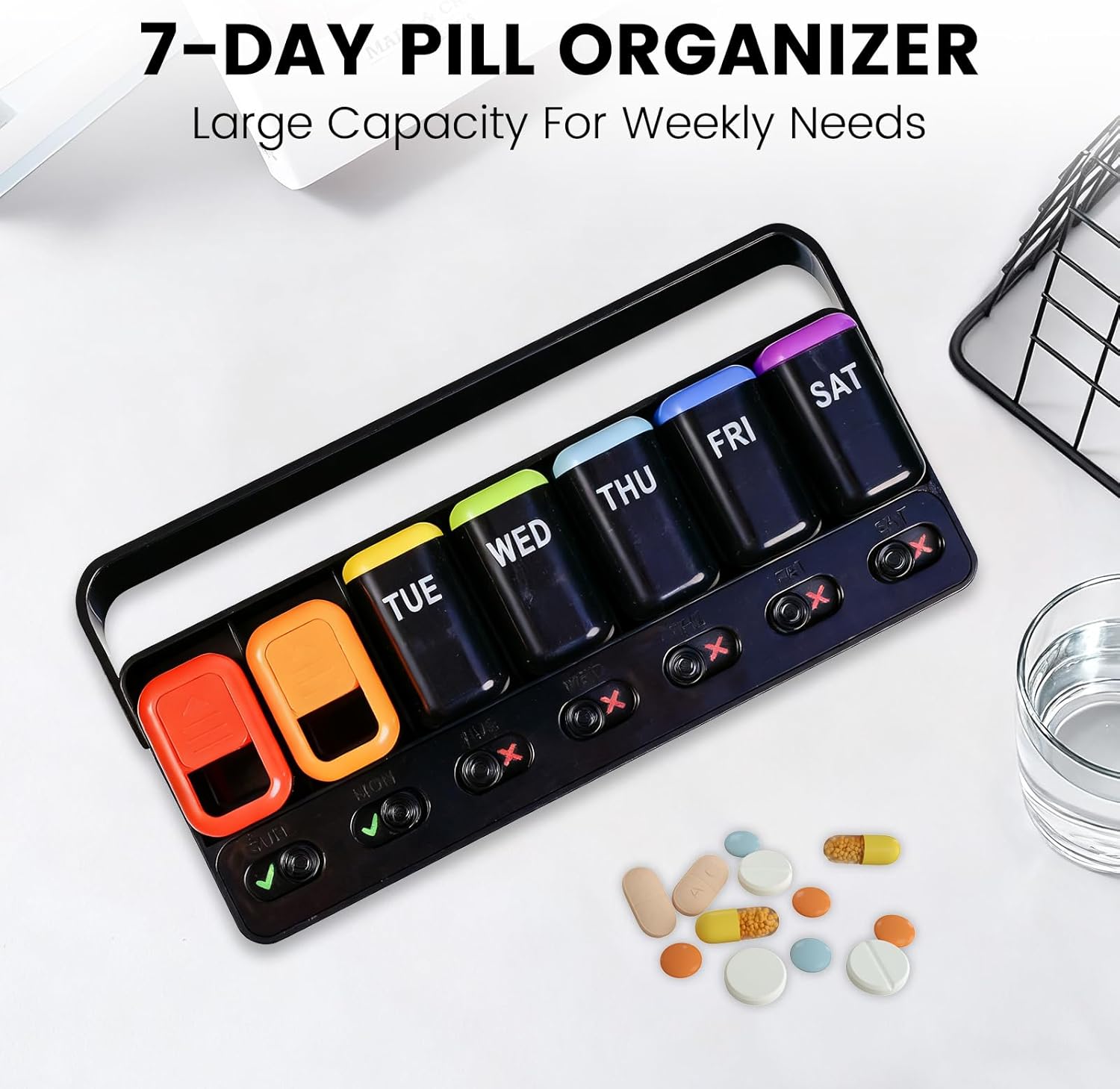 Pill Organizer Easy-Slide Lid, Removable 7 Day 1 Time a Day Pill Box, Large Travel Pill Case, Week Once Daily Medication Dispenser, Pill Container Holder for Supplement, Vitamin, Black