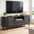63" Fluted TV Stand for Tvs up to 70", Mid-Century Modern Entertainment Center with Drawers and Fluted Doors, Curved TV Media Console Table with Sliding Doors for Living Room, Bedroom (63" Black)