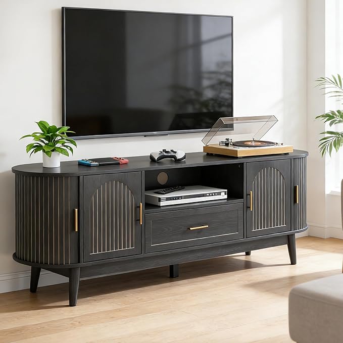 63" Fluted TV Stand for Tvs up to 70", Mid-Century Modern Entertainment Center with Drawers and Fluted Doors, Curved TV Media Console Table with Sliding Doors for Living Room, Bedroom (63" Black)