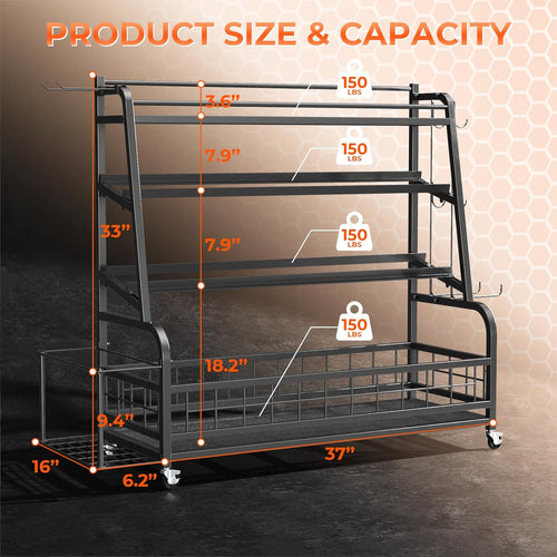 4-Tier Dumbbell Rack Weight Stand - Adjustable Weight Rack,Home Gym Storage for Dumbbells Kettlebells Yoga Mat and Balls, All in One Workout Storage with Wheels and Hooks,Powder Coated Finish Steel