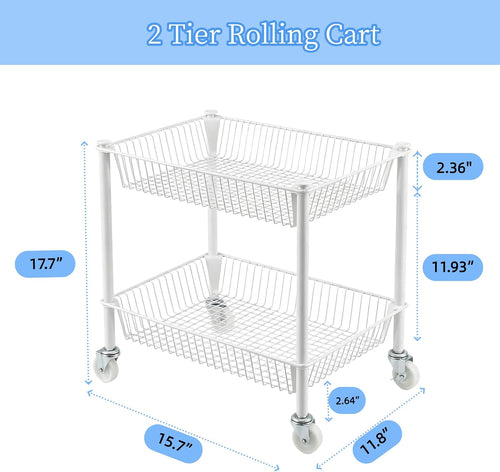 2 Tier Small Utility Cart on Wheels Short Rolling Pantry Cart Thick Metal Wire Basket Stand, Fruit Vegetables Storage Rack for Kitchen, Under Desk Storage for Small Space Bathroom Laundry, White