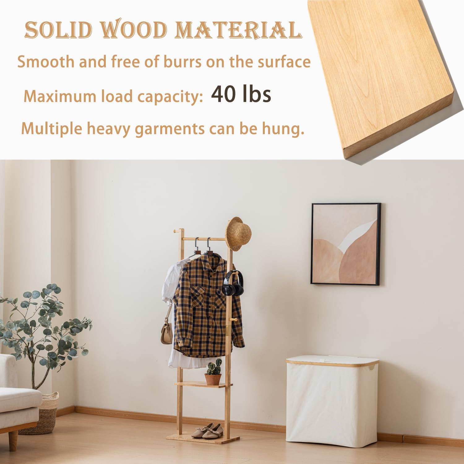 latifolia Clothes rack, Solid Wood Clothing Rack Witch Hooks and Shelves, 15.75 inch Garment rack With Storaege for Living Room, Nature