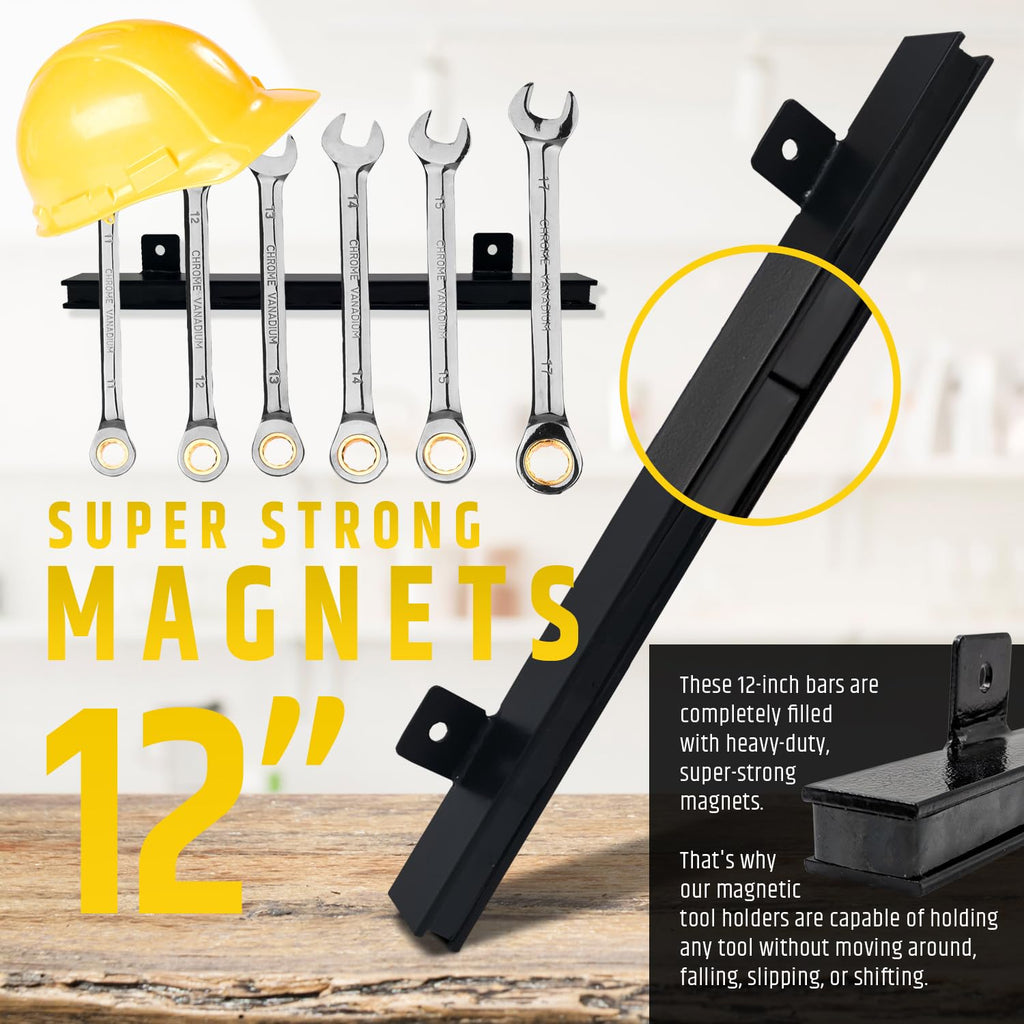 12" Heavy-Duty Magnetic Tool Holders (4 Pack - 48" Total) - Extremely Powerful Magnetic Pull Force to Hold Heavy Tools (Upgraded Version) - Professional Tool Bars/Strips Organizer