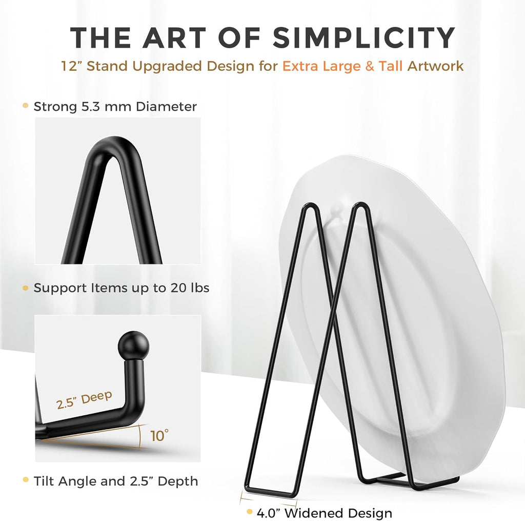 TR-LIFE 4 Pack 12 Inch Large Plate Stands/holder for Display - Metal Picture Frame Holder Stand + Easels for Platter, Book, Plaque, Photo, Table top Art