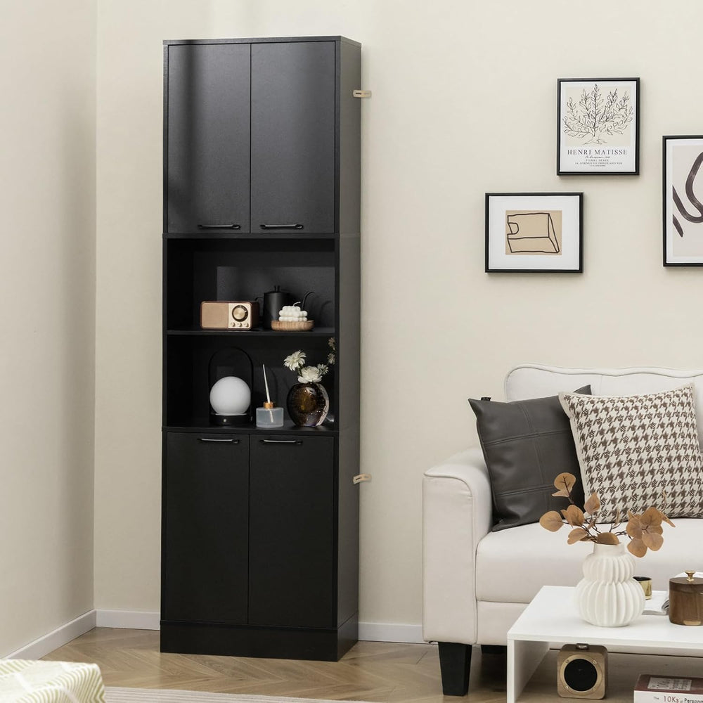 Kitchen Pantry Cabinet, Dining Room Cupboard with 4 Doors & 2 Open Counte...