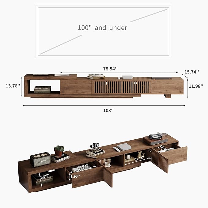 Mid-Century Style TV Stand 94.48", Entertainment Center for TVs up to 70"-90" with 4 Storage Cabinets, Walnut Media Console for Living Room or Bedroom (78.54"-103")