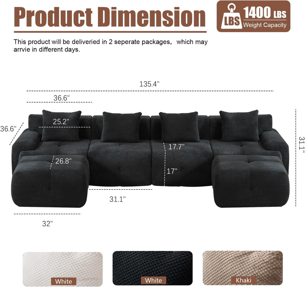 135" Cloud Couch Sectional with 2 Ottoman, U-Shaped Sofa | Modern Modula...