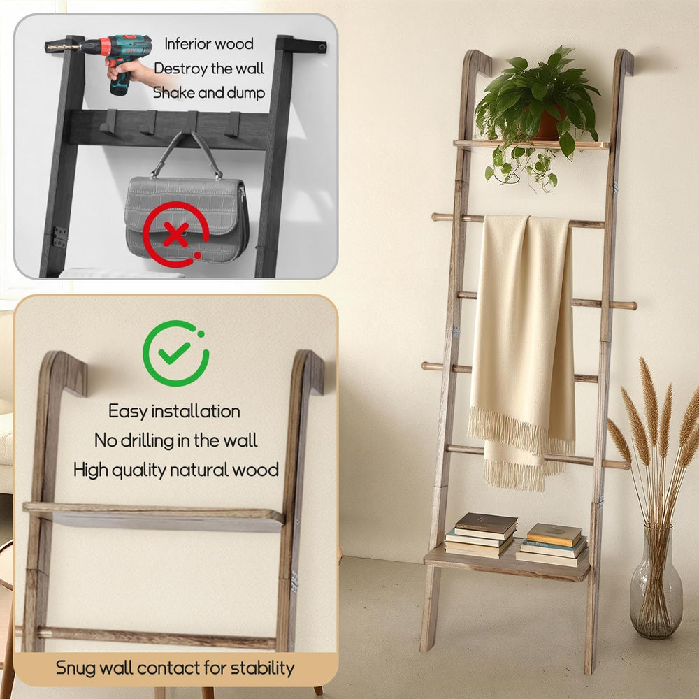 Wooden Ladder with Shelf for Room Decor, 6-Tier Decor Ladder with Non-Slip Ma...