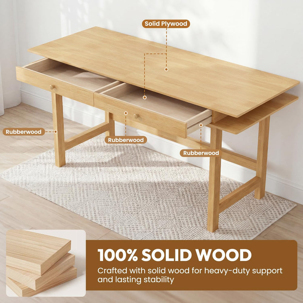 60in Solid Wood Desk - Oak Double-Top Writing Table with Drawers
