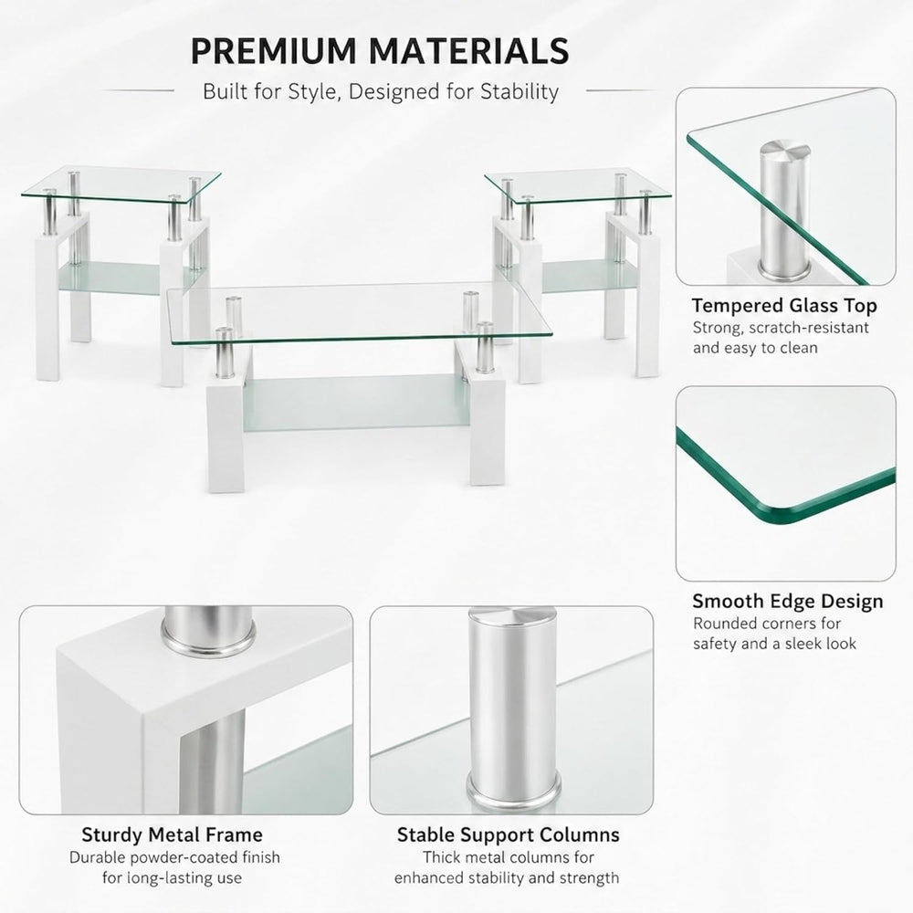 Meihua 3-Piece Glass Coffee Table Set, Center Table with 2 End Tables | Tempe...