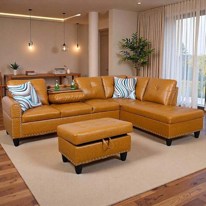 Sectional Couches for Living Room with Movable Chaise & Storage Ottoman - 97.5" Leather L Shaped Couches for Living Room Apartment, Home Modular Sectional Sofas with Cup Holder, Ginger