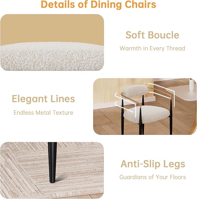 Morden Fort Modern Dining Chairs Set of 2, Upholstered Boucle Dining Chairs with Gold Arms and Black Metal Legs for Kitchen, Living Room and Apartment