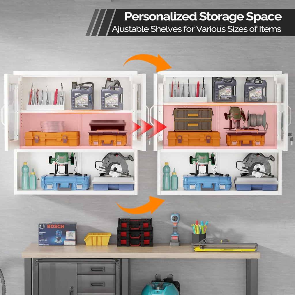 VINGLI Metal Wall Cabinet with Locking Glass Doors, Adjustable Shelf, Wall Mounted Storage Display Cabinets for Garage, Kitchen, Home Office, Warehouse, Living Room, White