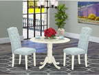 East West Furniture DLCE3-WHI-15 3 Piece Dining Table Set Contains a Round Dining Room Table with Dropleaf and 2 Baby Blue Linen Fabric Upholstered Chairs, 42x42 Inch, Linen White