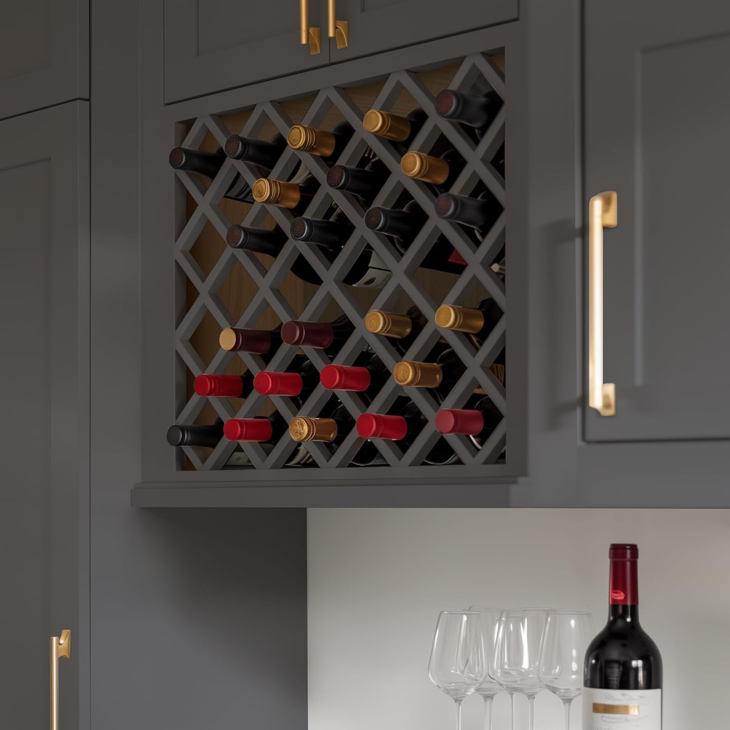 Solid Wood RTA Wine Bottle Rack Wall Cabinet With Lattice Panels - Holder Storage for Bar, Pantry, or Cellar - Mocha Finish Countertop Solution (Pebble Gray, 24"W 12"D 30"H)