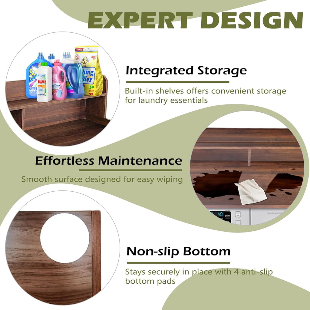 Royxen Laundry Countertop with Storage Universal Fit, Washer and Dryer Countertop with Shelf, Laundry Room Storage, 2-Tier Shelf (Walnut)