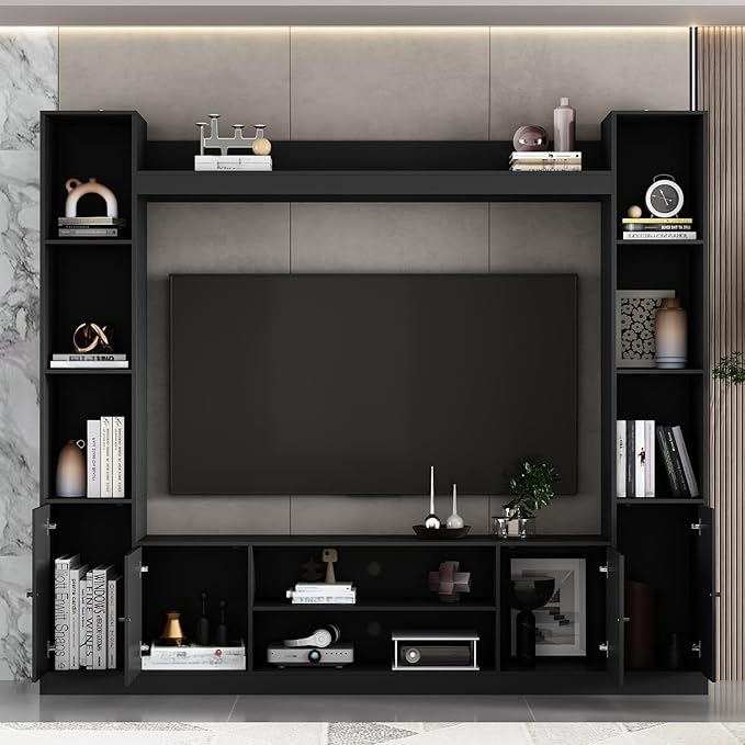 81.1" Large TV Stand with Bookshelves for TVs up to 60", Wall Unit Entertainment Center with Doors, 9 Open Shelves and Cable Holes, Media Console Cabinet for Living Room, Black